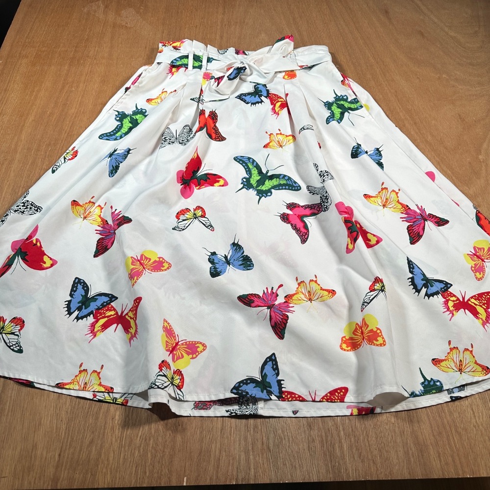 Her Destiny Butterfly Print Skirt Women Large White Paperbag Waist Midi Belted